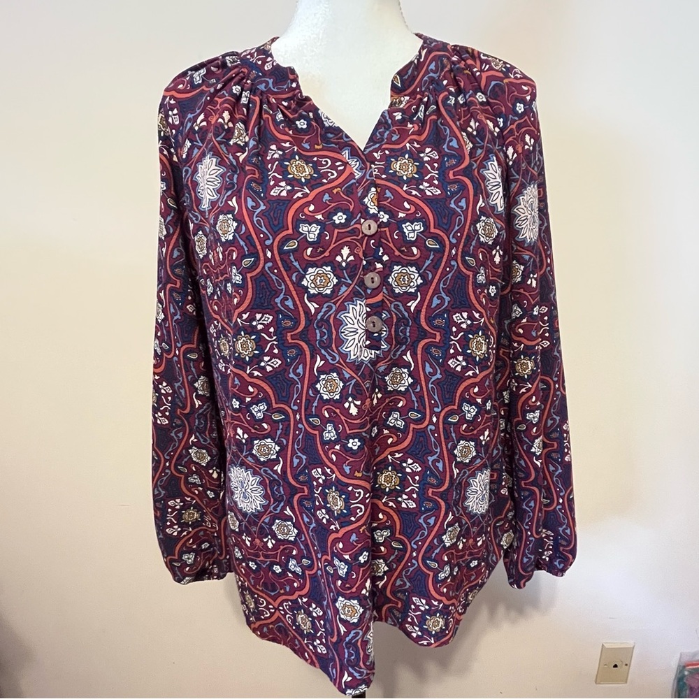 Meritt Womens Wine Floral Boho Blouse LS Sz Medium